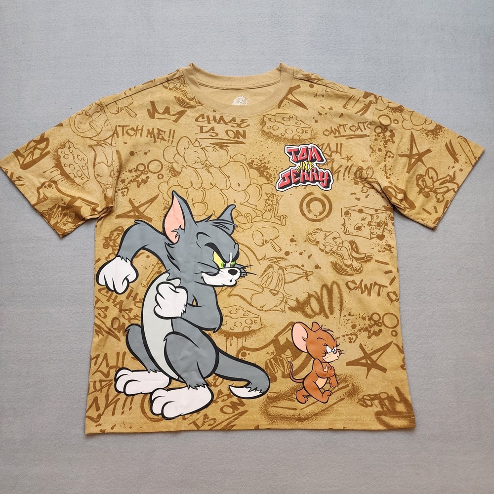Freeze Tom and Jerry Graffiti Graphic T-Shirt Mens Medium Tan All Over Print New